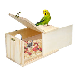 Cooshou parakeet nesting box with natural pine and clear acrylic window for easy observation.