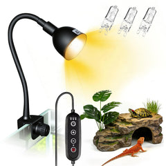 COOSPIDER 50W heat lamp with clip and timer for terrarium warmth.