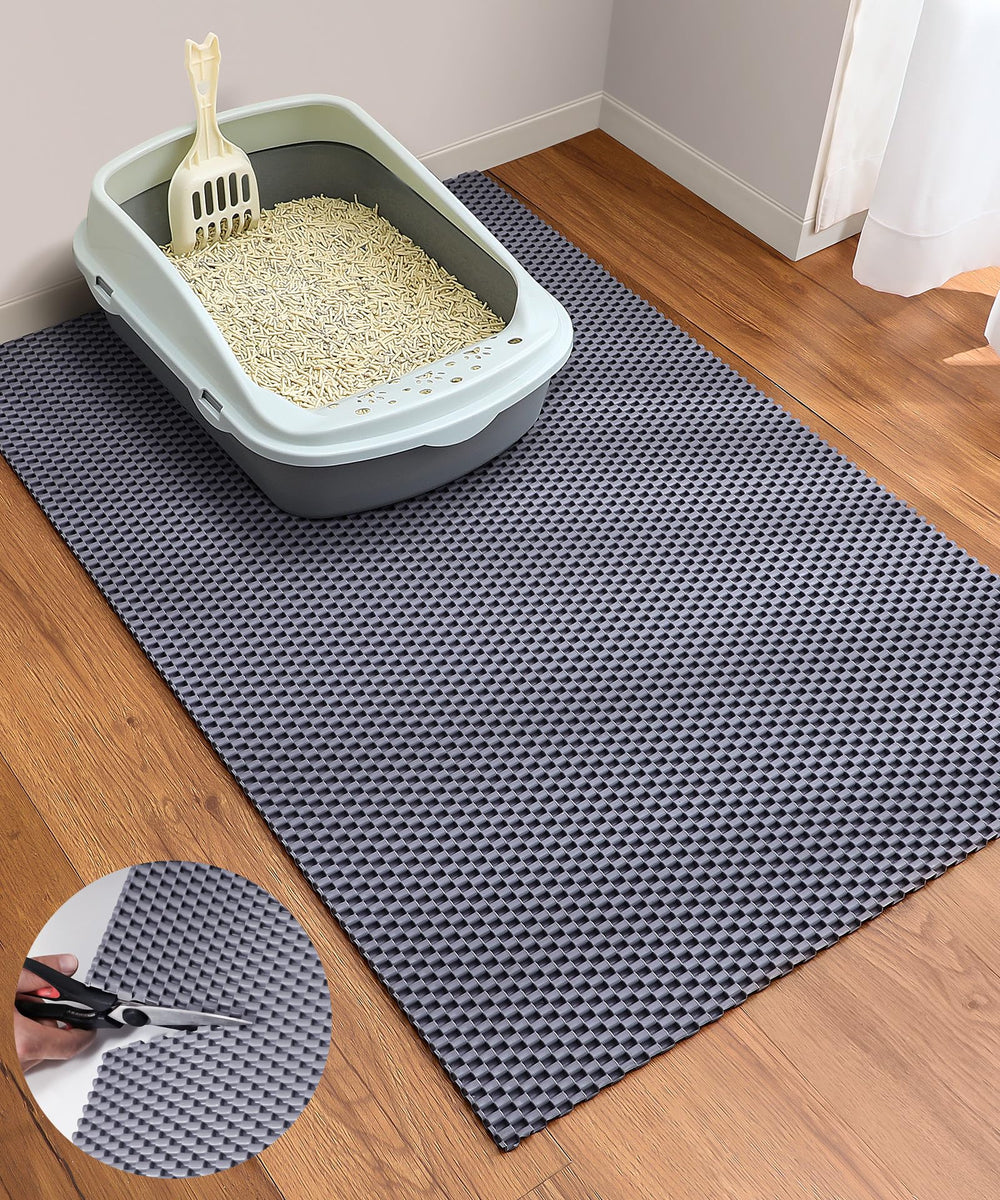 Cooyes cat litter mat cut to fit around the box for neat edges.