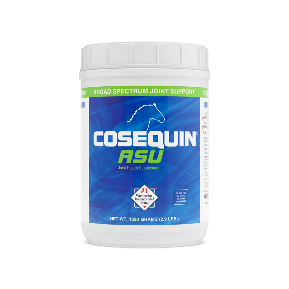 Cosequin ASU horse powder container shows joint support for athletic horses.