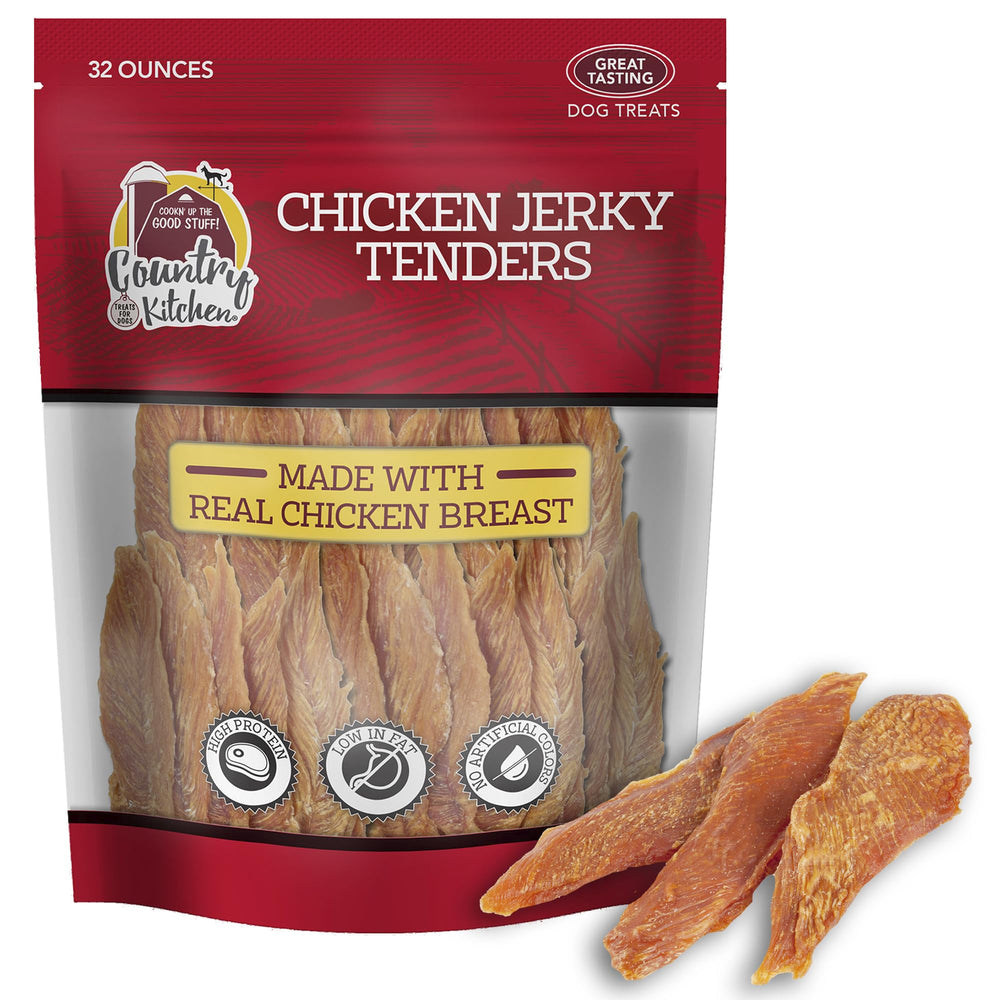 Country Kitchen Chicken Jerky Tenders packshot highlighting real chicken and protein
