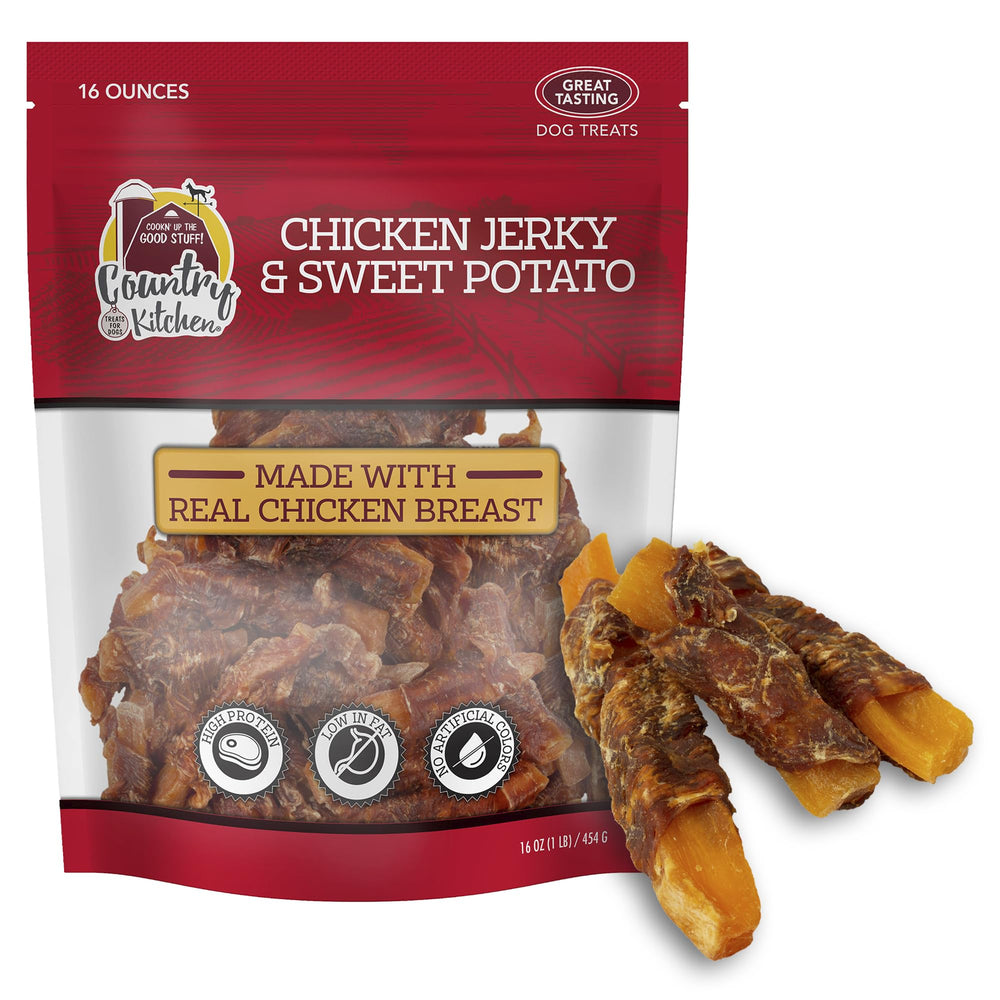 Country Kitchen Chicken & Sweet Potato Jerky Tenders packshot showing a 16 oz bag and real chicken