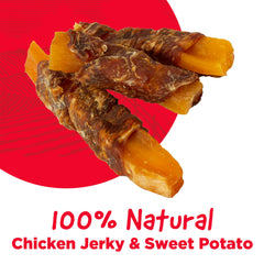 Country Kitchen Chicken & Sweet Potato Jerky Tenders closeup of real chicken pieces and chewy texture