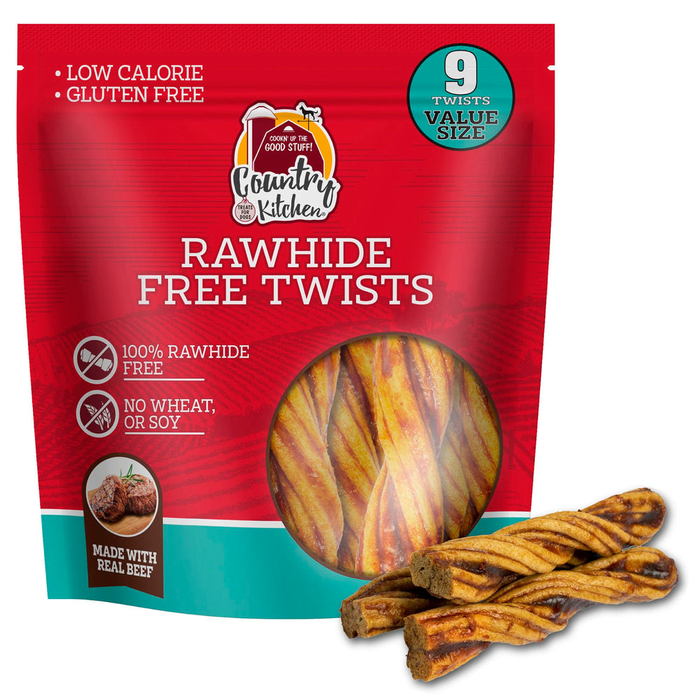 Country Kitchen rawhide-free beef twists bag close-up showing real beef
