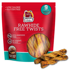 Country Kitchen rawhide-free beef twists bag close-up showing real beef