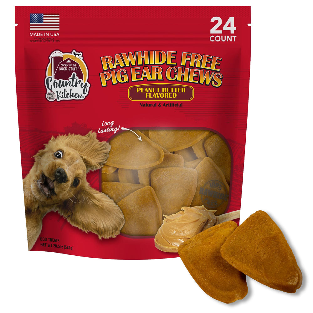 Country Kitchen rawhide-free pig ear chews with peanut butter flavor for dogs.