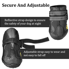 CovertSafe dog boots with adjustable reflective straps for a secure fit at night.