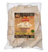 Cowdog Chews natural rawhide chips on packaging showing premium beef hides for long-lasting chews.