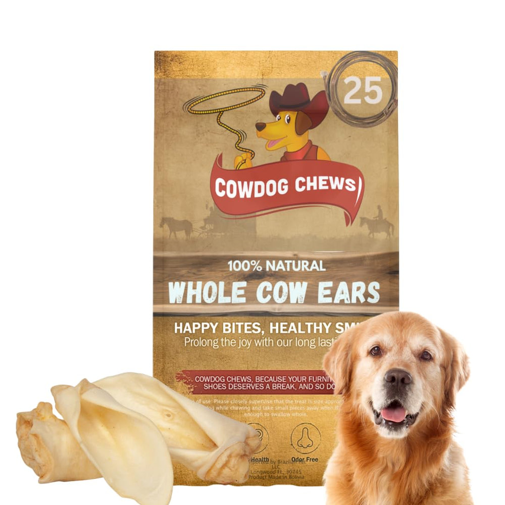 Cowdog Chews premium cow ears 25-pack packaging for durable, natural dog chewing.