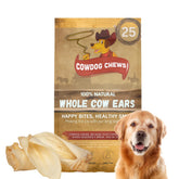 Cowdog Chews premium cow ears 25-pack packaging for durable, natural dog chewing.