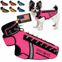 CoyoteVest SpikeVest front view shows secure fit for active dogs.