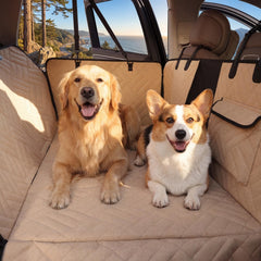 Cozila dog car seat cover on back seat with hard bottom provides secure space for large dogs.