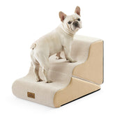 COZY KISS dog stairs 3-step on beige couch provide stable help for small dogs.