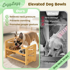 CozyLazy bamboo stand with food-water separation for clean meals.
