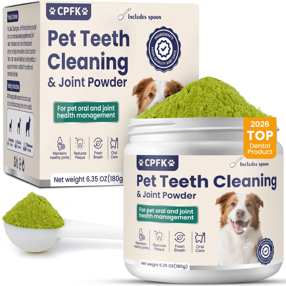CPFK Dental Cleaning Powder for Dogs with 180g jar helps freshen breath and reduce tartar.