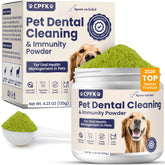 CPFK dog dental cleaning powder tub front showing packaging and ease of use.