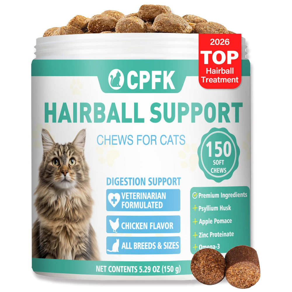 CPFK Hairball Remedy Treats bottle front, easy feeding for cats and hairball management.