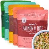Crafted by Humans Loved by Dogs Portland pouches show an assorted five-flavor pack for dogs