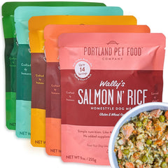Crafted by Humans Loved by Dogs Portland pouches show an assorted five-flavor pack for dogs