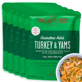 Crafted by Humans Loved by Dogs Portland pouch closeup turkey and yams highlighting real ingredients.
