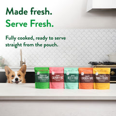 Crafted by Humans Loved by Dogs Portland pouch microwavable packaging for quick warming.
