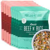 Crafted by Humans Loved by Dogs Portland Salmon N’ Rice pouch front—shelf-stable and ready to serve.