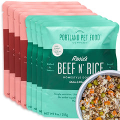 Crafted by Humans Loved by Dogs Portland Salmon N’ Rice pouch front—shelf-stable and ready to serve.