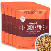 Crafted by Humans Tuxedo’s Chicken & Yams pouch opened to reveal human-grade ingredients for a tasty dog meal.
