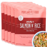 Wally's Salmon N' Rice pouch open for ready-to-serve dog toppers