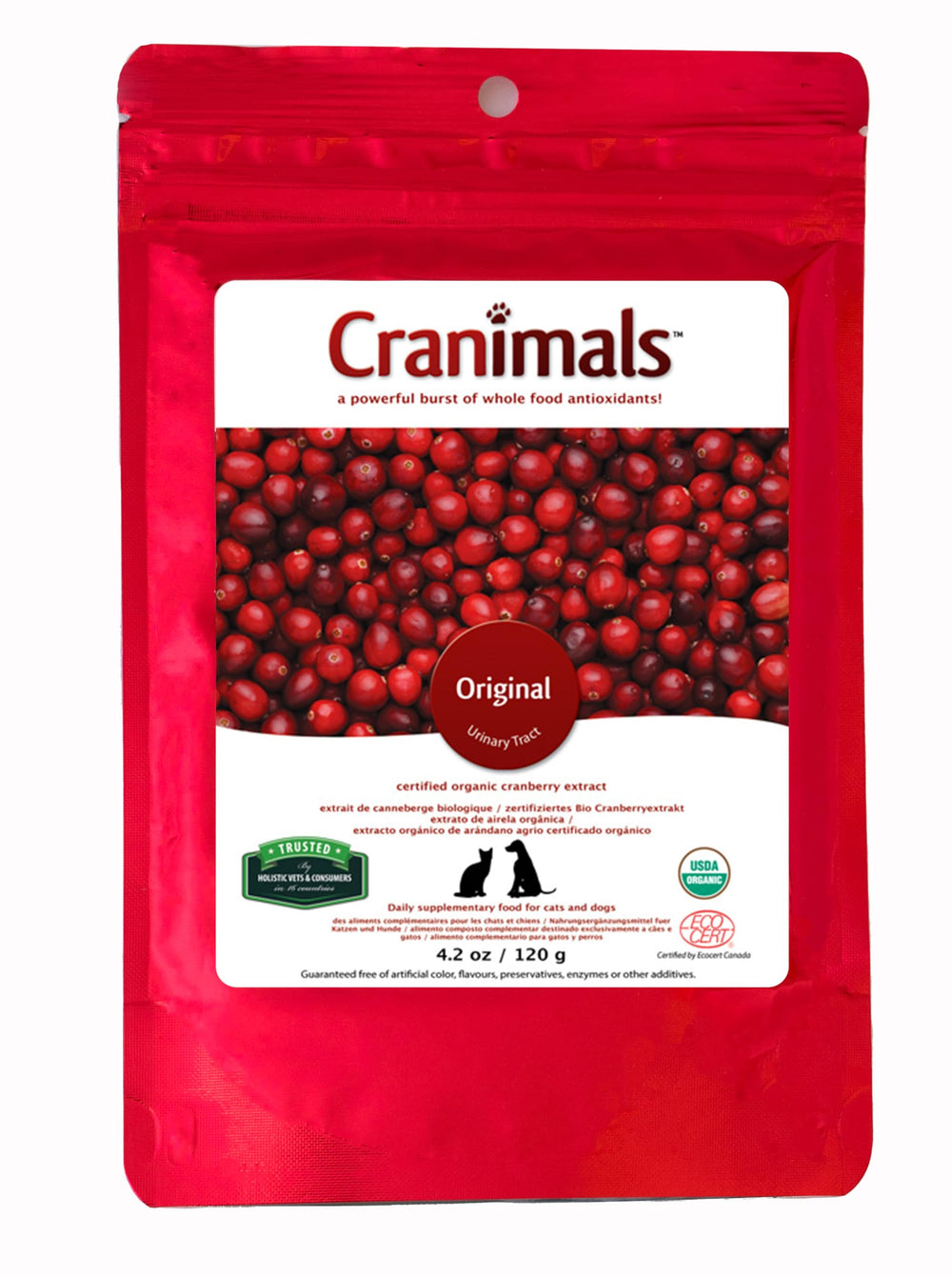 Cranimals cranberry powder for dogs, bottle-pour view, supports urinary health.