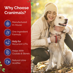 Cranimals cranberry powder added to dog treats, tasty daily support.