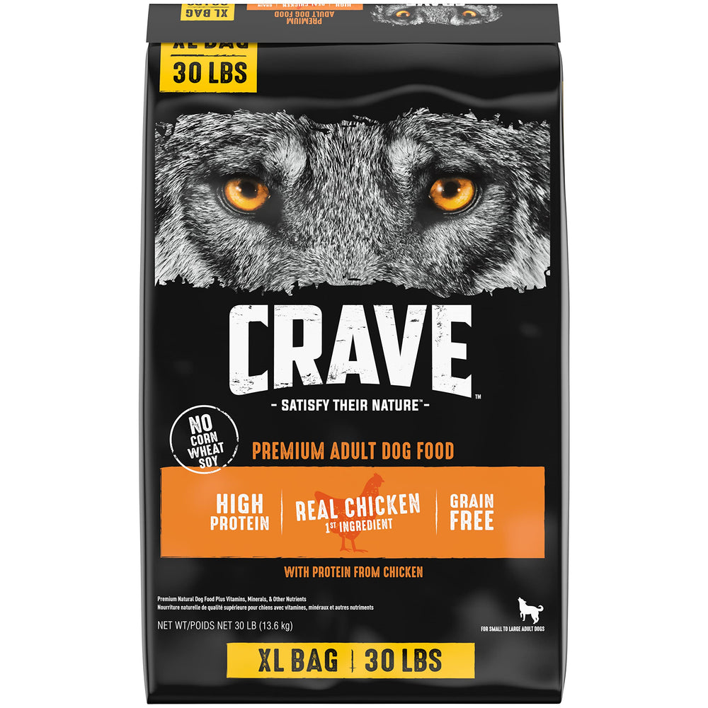 CRAVE grain-free dry dog food bag front showing real chicken protein for adults.