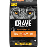 CRAVE grain-free dry dog food bag front showing real chicken protein for adults.
