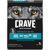 CRAVE grain-free dog food bag with salmon and ocean fish supports lean muscles.