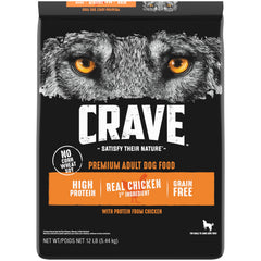 CRAVE grain-free chicken dry dog food bag highlights grain-free formula for lean energy