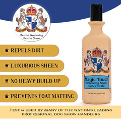 Crown Royale Magic Touch silky-coat finish adds natural sheen and easy brushing for fine coats.