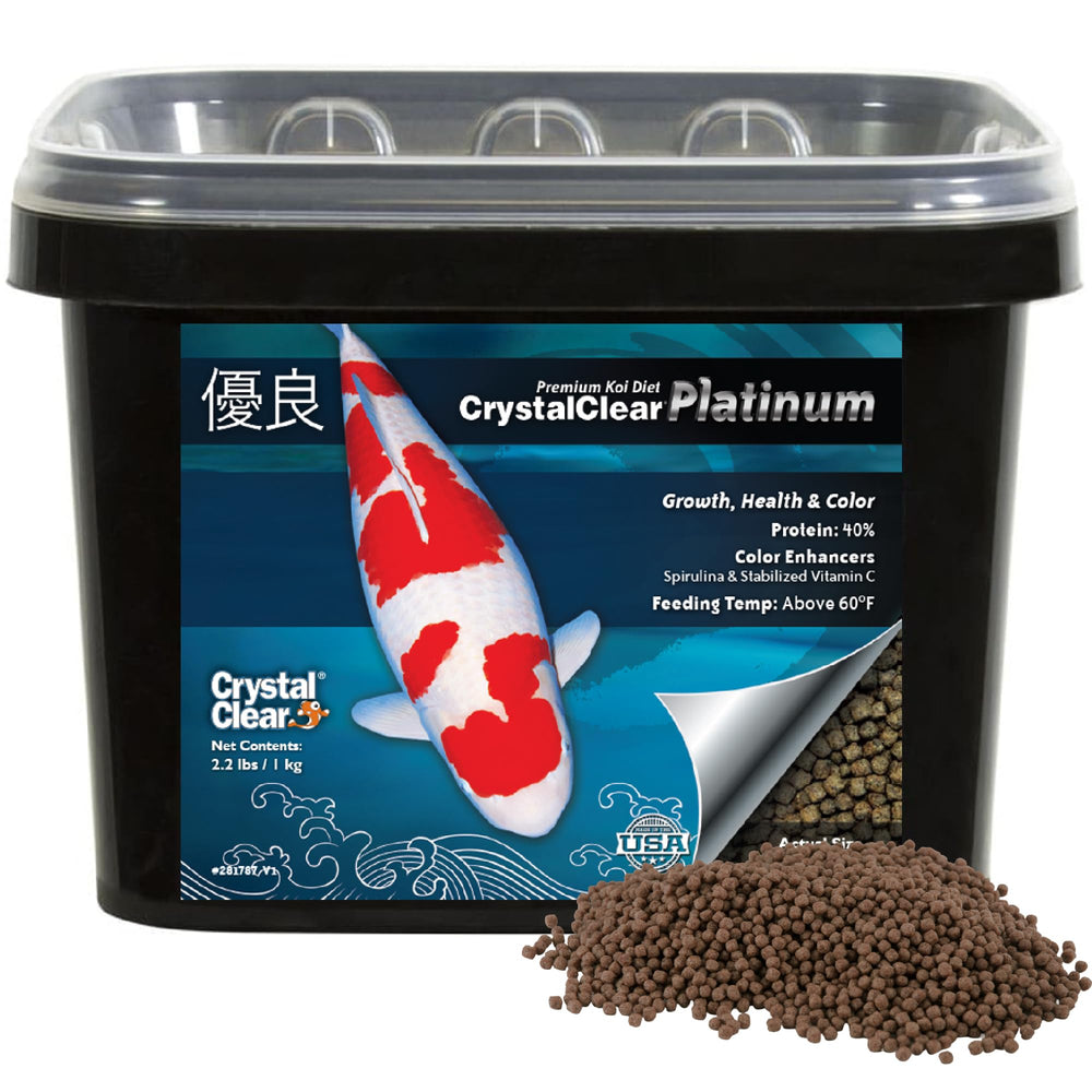 CrystalClear Platinum Fish Food packaging shows premium formula for growth and color