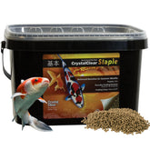 CrystalClear Staple floating pond food bottle shows balanced nutrition for koi and goldfish.