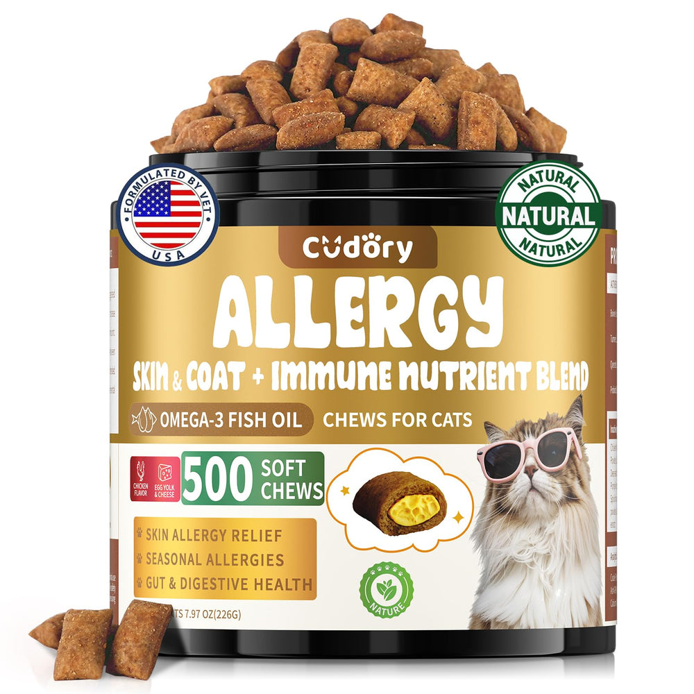 Cudory Cat Allergy Relief Treats packaging showing 500 crunchy snacks for daily support.