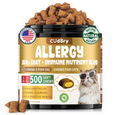 Cudory Cat Allergy Relief Treats packaging showing 500 crunchy snacks for daily support.