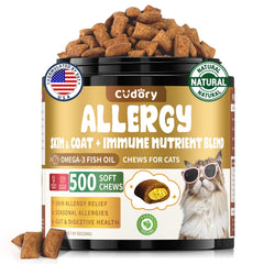Cudory Cat Allergy Relief Treats packaging showing 500 crunchy snacks for daily support.