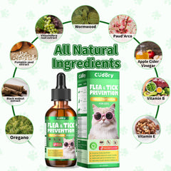 Cudory cat drops with herbal ingredients like pau d'arco and thyme.