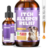 Cudory Dog Allergy Relief Drops bottle highlighting omega-3 for healthy skin and coat.