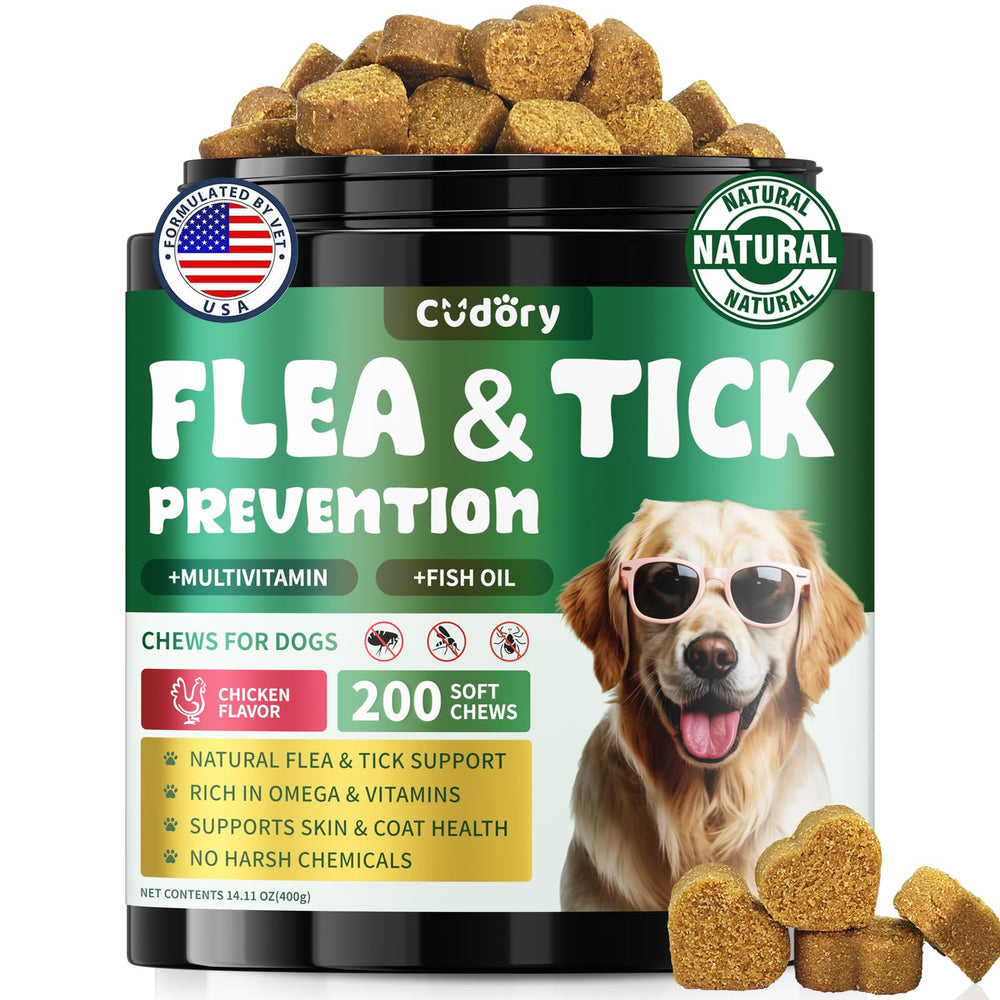 Cudory flea and tick soft chews bottle close-up with natural ingredients for gentle care.