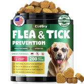 Cudory flea and tick soft chews bottle close-up with natural ingredients for gentle care.