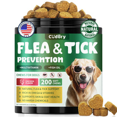 Cudory flea and tick soft chews bottle close-up with natural ingredients for gentle care.