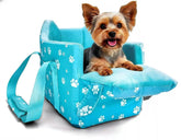 Cullaby center console dog seat blue front view demonstrates secure travel for small dogs.