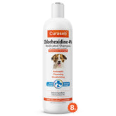 Curaseb Chlorhex 4% Medicated Shampoo bottle pour shows easy dispensing for pets.