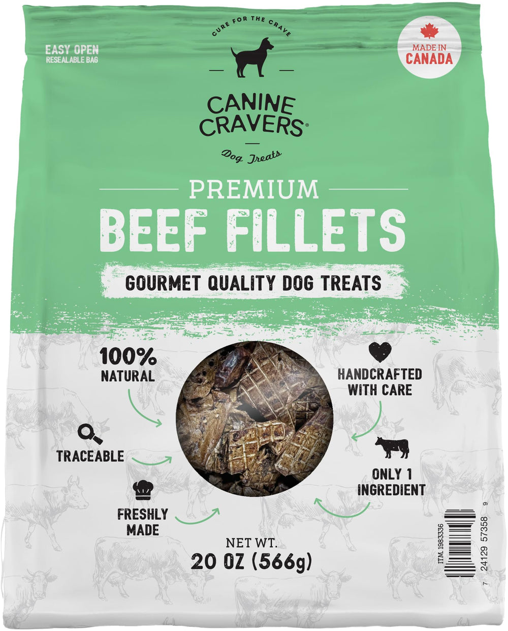 Cure for the Crave Canine Cravers beef fillets 20oz, premium single-ingredient rewards for dogs.