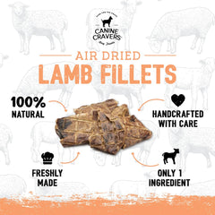 Cure for the Crave Canine Cravers one-ingredient lamb fillets shown clearly for transparent nutrition.